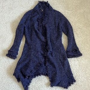 Midnight Velvet Purple Duster Cardigan Fringe Fur Trim Ruffled Shawl Collar